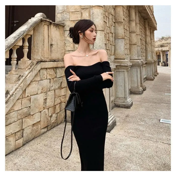 Long-Sleeve Off Shoulder Plain Backless Knit Midi Sheath Dress