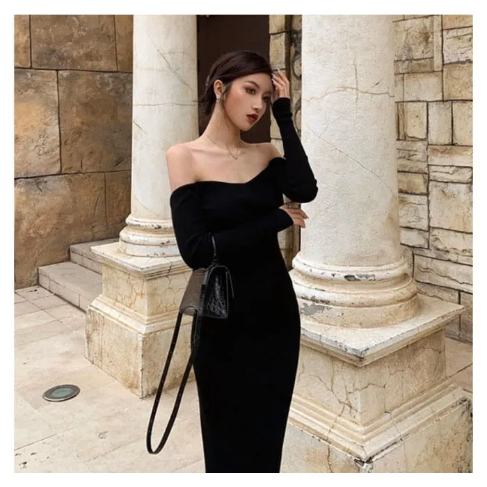 Long-Sleeve Off Shoulder Plain Backless Knit Midi Sheath Dress