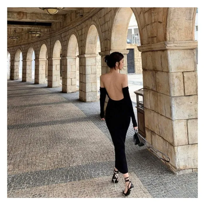 Long-Sleeve Off Shoulder Plain Backless Knit Midi Sheath Dress
