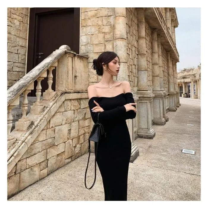 Long-Sleeve Off Shoulder Plain Backless Knit Midi Sheath Dress