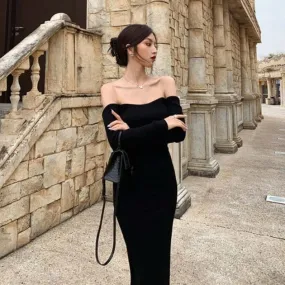 Long-Sleeve Off Shoulder Plain Backless Knit Midi Sheath Dress