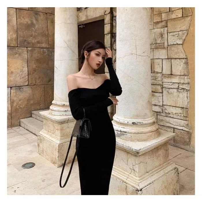 Long-Sleeve Off Shoulder Plain Backless Knit Midi Sheath Dress
