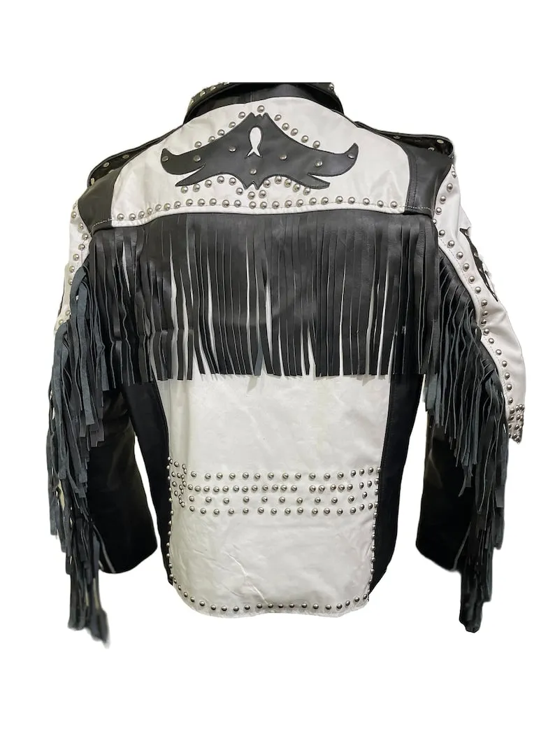 Mens Black White Leather Fringe Jacket