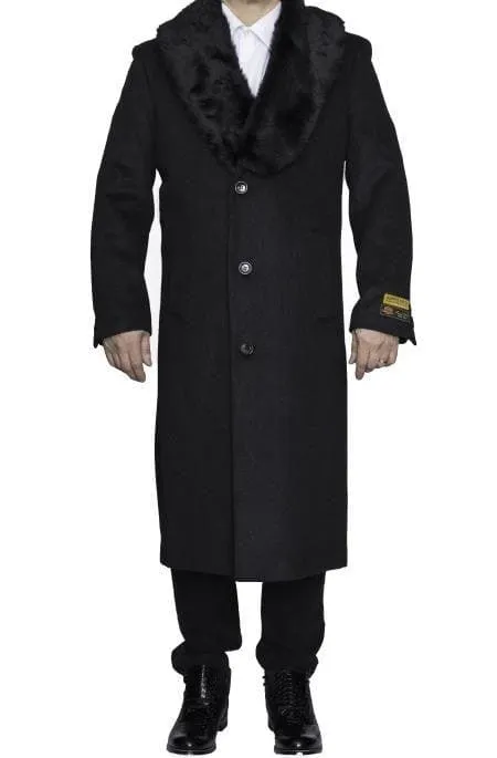 Moscow: MENS CHARCOAL GREY REMOVABLE FUR COLLAR FULL LENGTH WOOL - MENS TOPCOAT / OVERCOAT