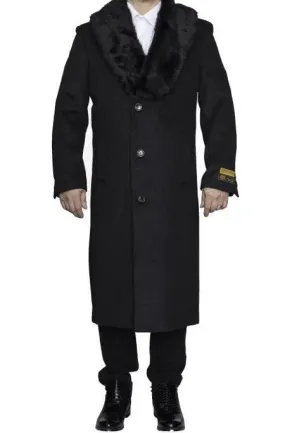 Moscow: MENS CHARCOAL GREY REMOVABLE FUR COLLAR FULL LENGTH WOOL - MENS TOPCOAT / OVERCOAT