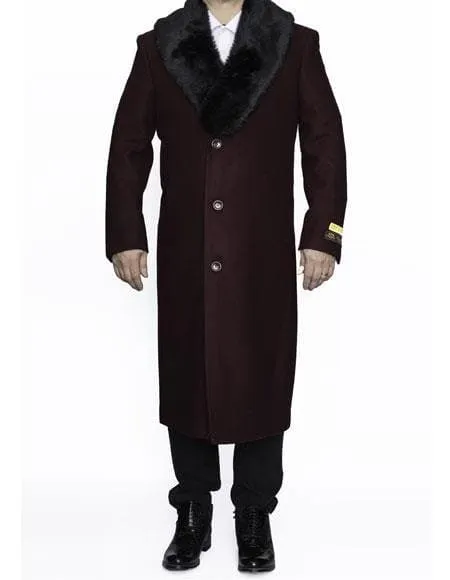 Moscow: MENS TOP COATS FULL LENGTH BURGUNDY REMOVABLE FUR COLLAR WOOL OVERCOAT
