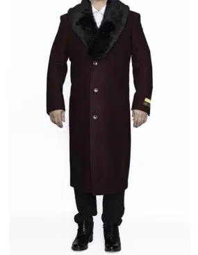 Moscow: MENS TOP COATS FULL LENGTH BURGUNDY REMOVABLE FUR COLLAR WOOL OVERCOAT