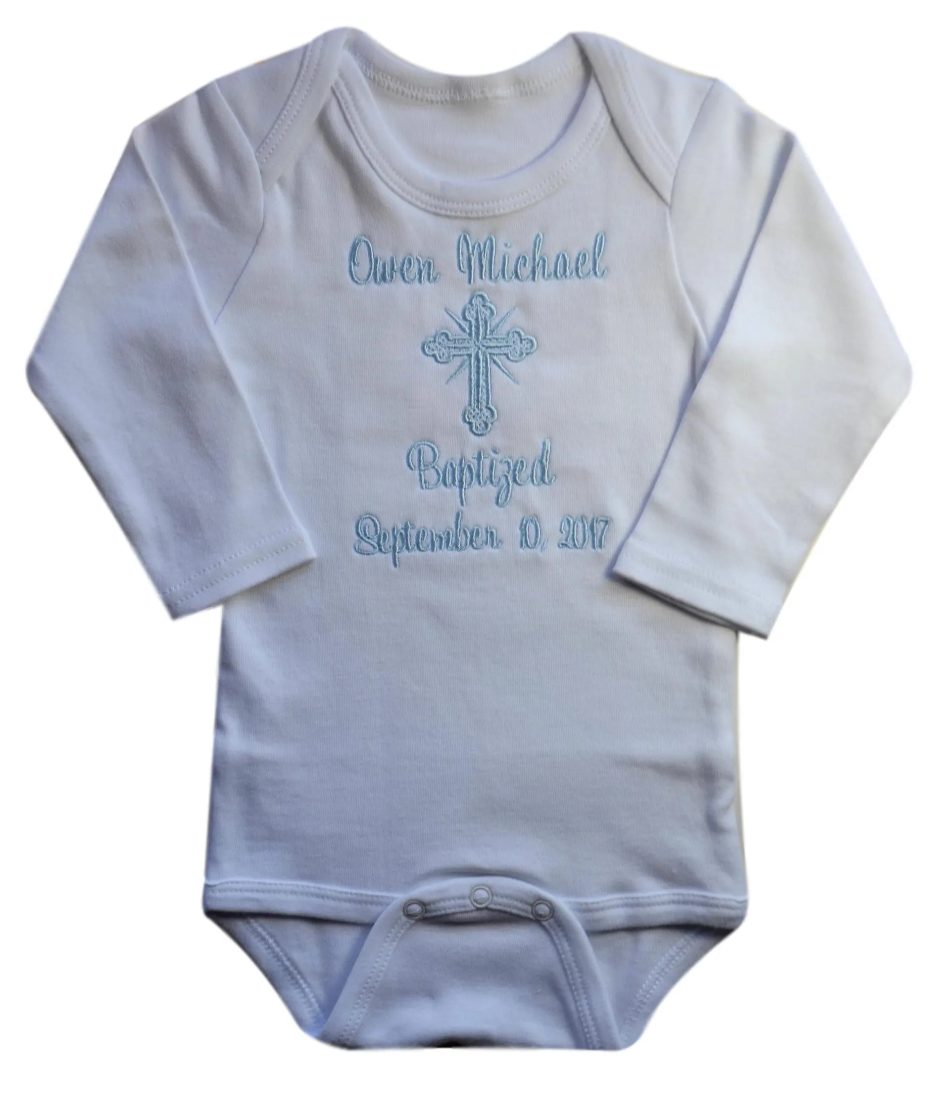 Personalized Christening Keepsake Onesie or Gown Embroidered with Name and Baptism Date