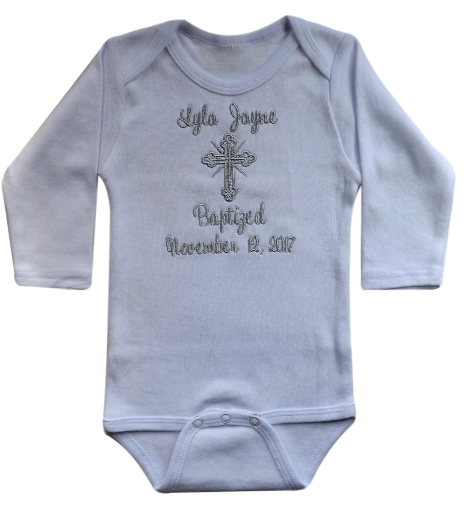 Personalized Christening Keepsake Onesie or Gown Embroidered with Name and Baptism Date