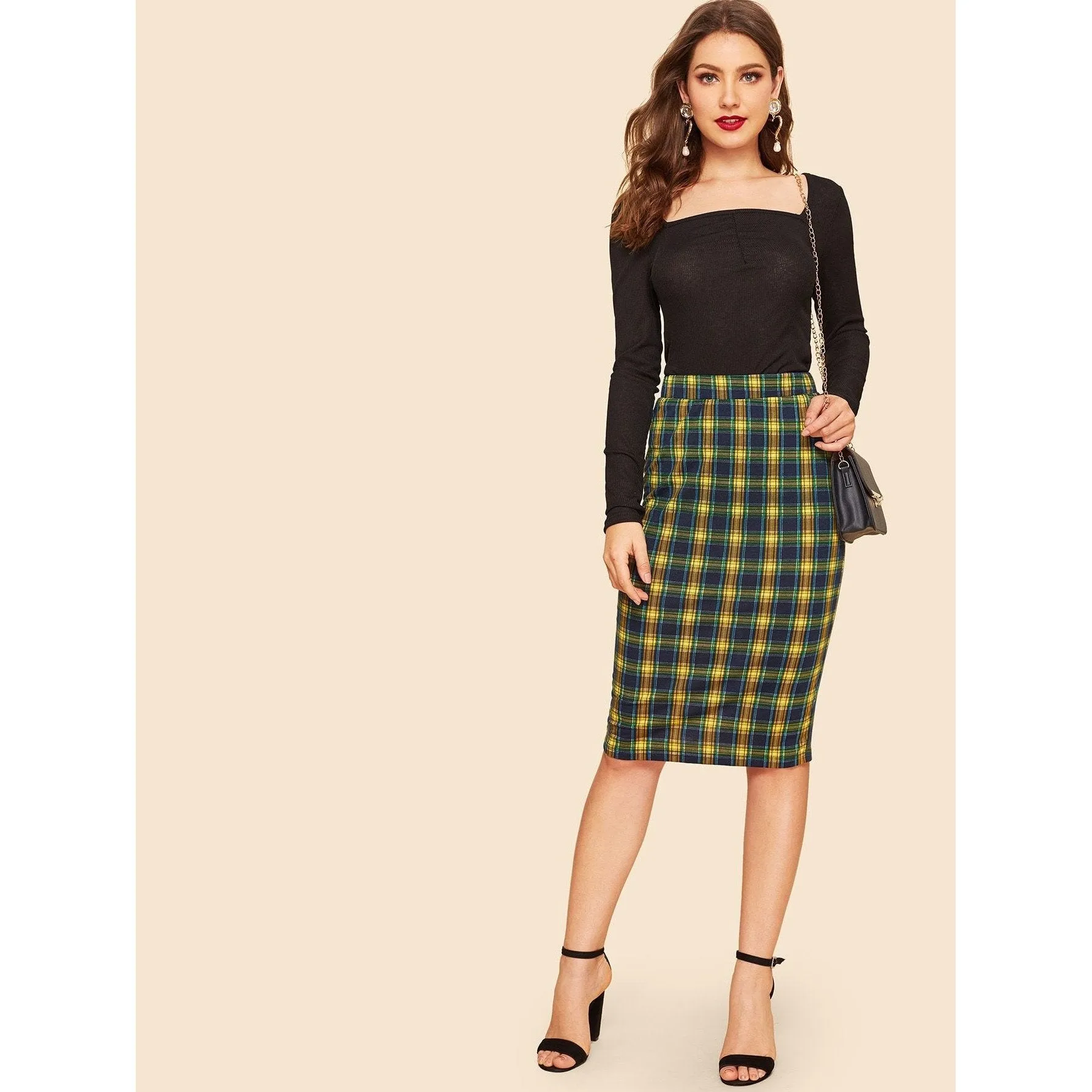 Plaid Print Pencil Skirt