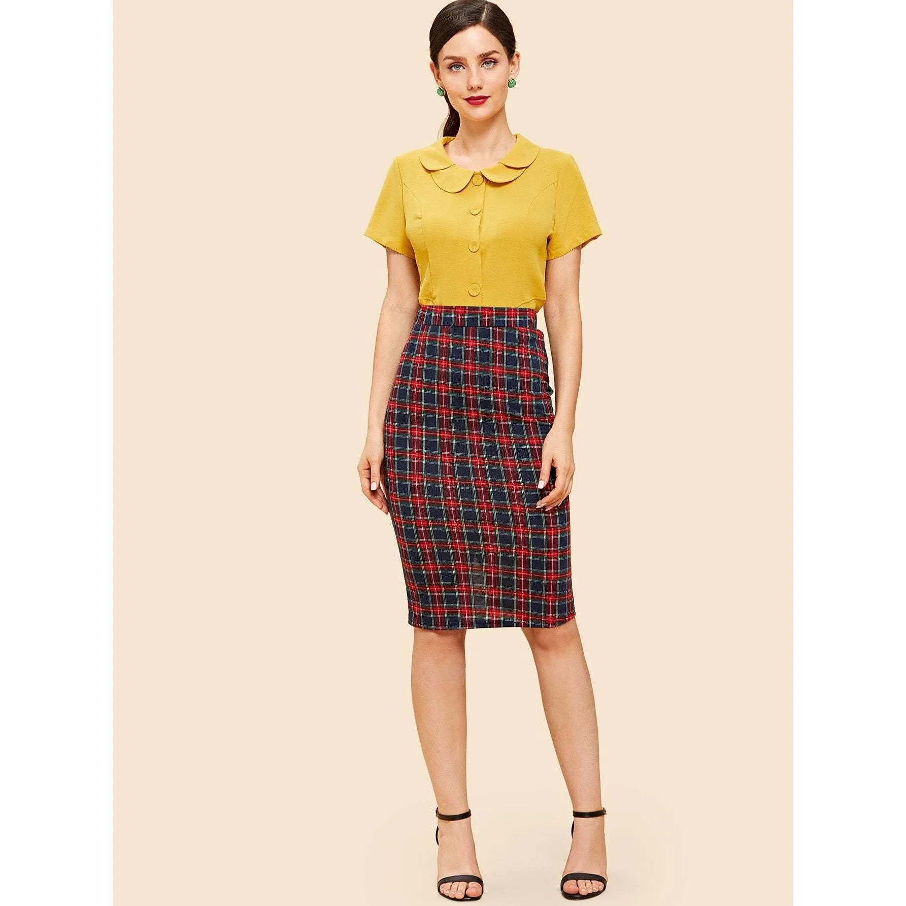 Plaid Print Pencil Skirt