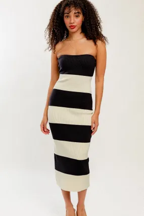 "Summer Cocktails" Strapless Black and Beige Stripped Maxi Dress