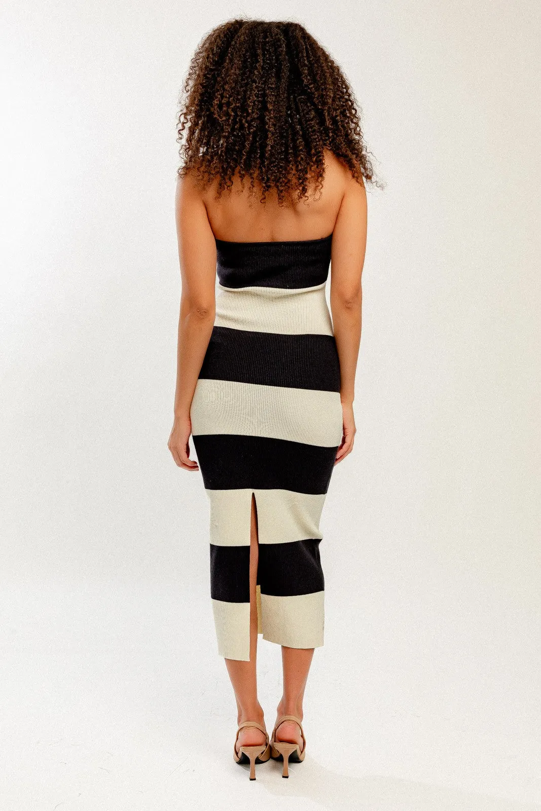 "Summer Cocktails" Strapless Black and Beige Stripped Maxi Dress