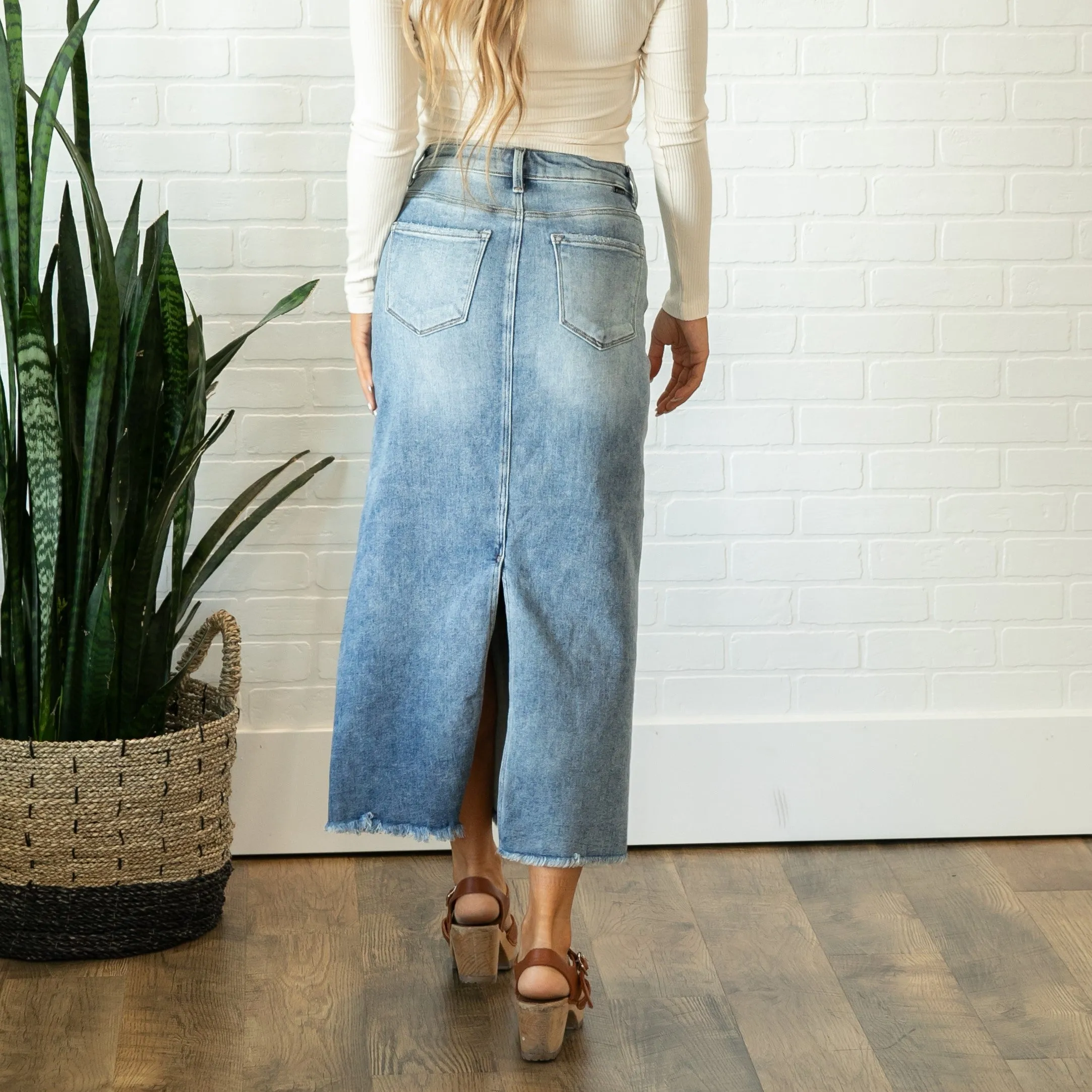 Risen High Rise Frayed Long Pencil Skirt