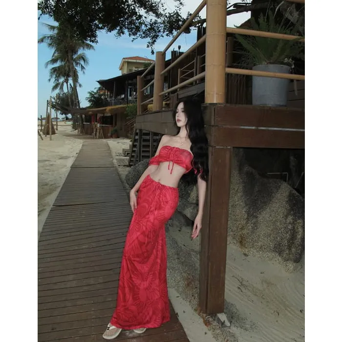 Set: Off-Shoulder Printed Drawstring Crop Top   Low Rise Midi Pencil Skirt