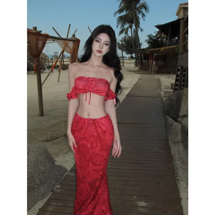 Set: Off-Shoulder Printed Drawstring Crop Top   Low Rise Midi Pencil Skirt