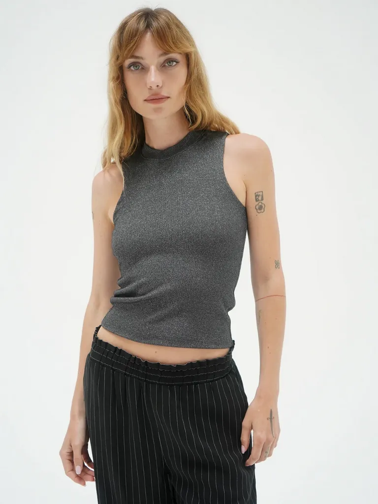 Sleeveless Double Layer Lurex Rib Top