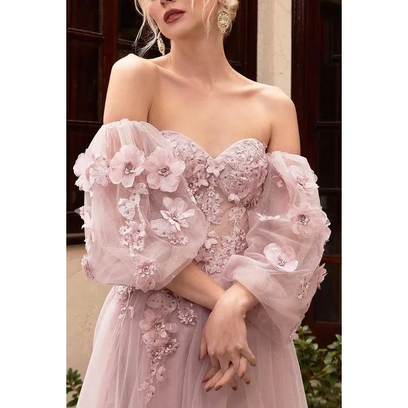 Sweetheart Long Sleeves Floral Appliqued Tulle A-Line Long Prom Evening Dress