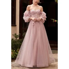 Sweetheart Long Sleeves Floral Appliqued Tulle A-Line Long Prom Evening Dress