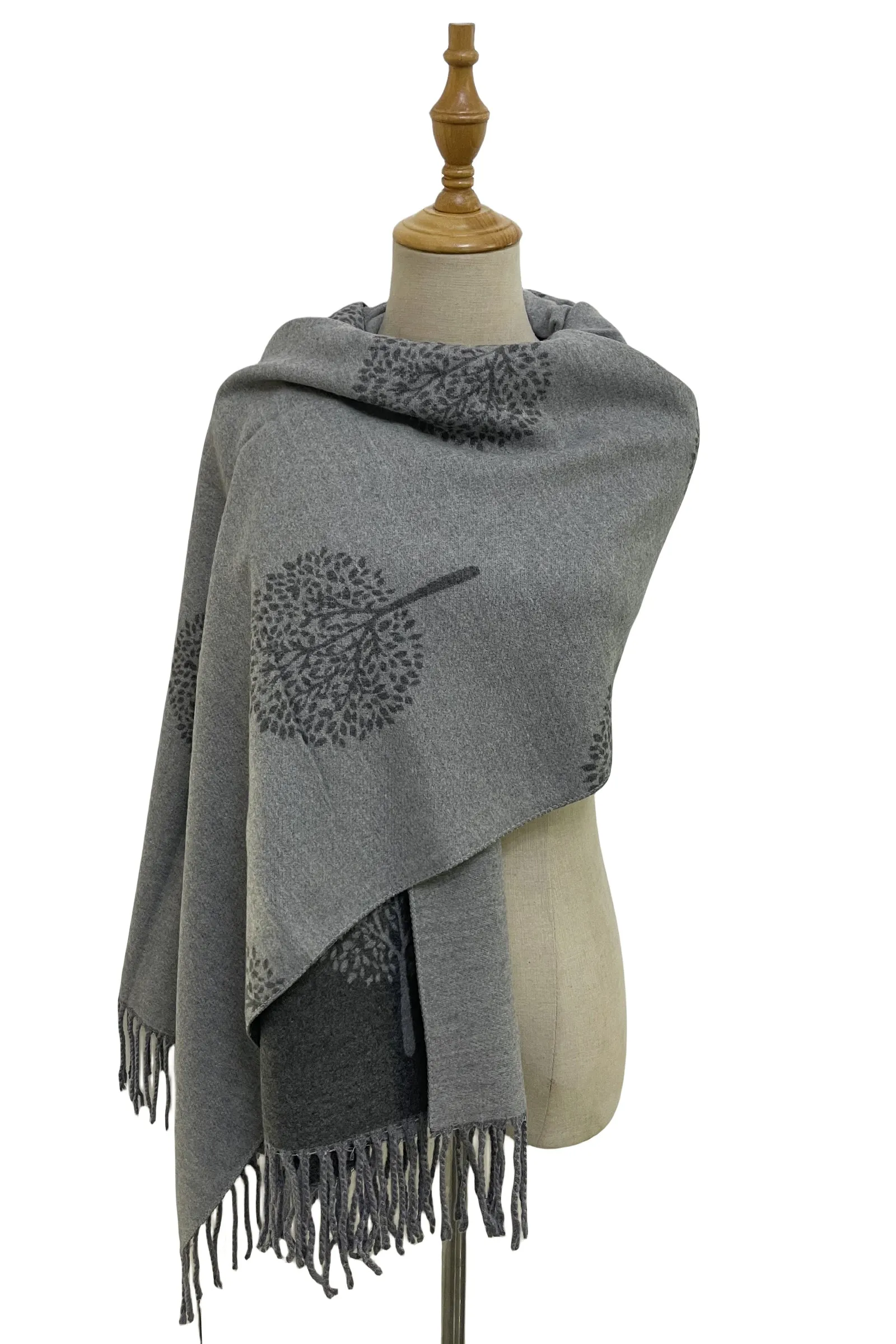 Tree Print Reversible Cotton Tassel Scarf