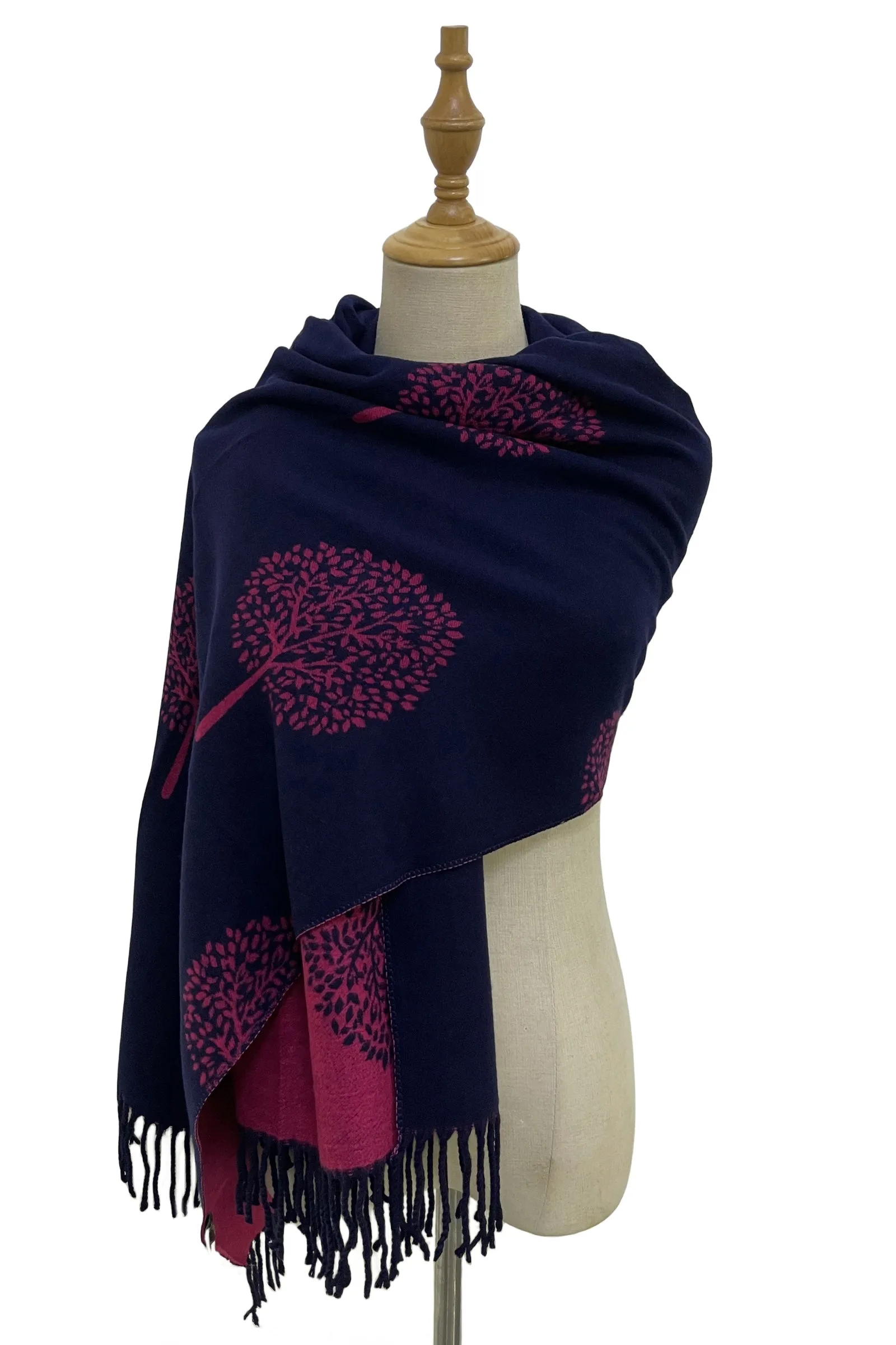 Tree Print Reversible Cotton Tassel Scarf