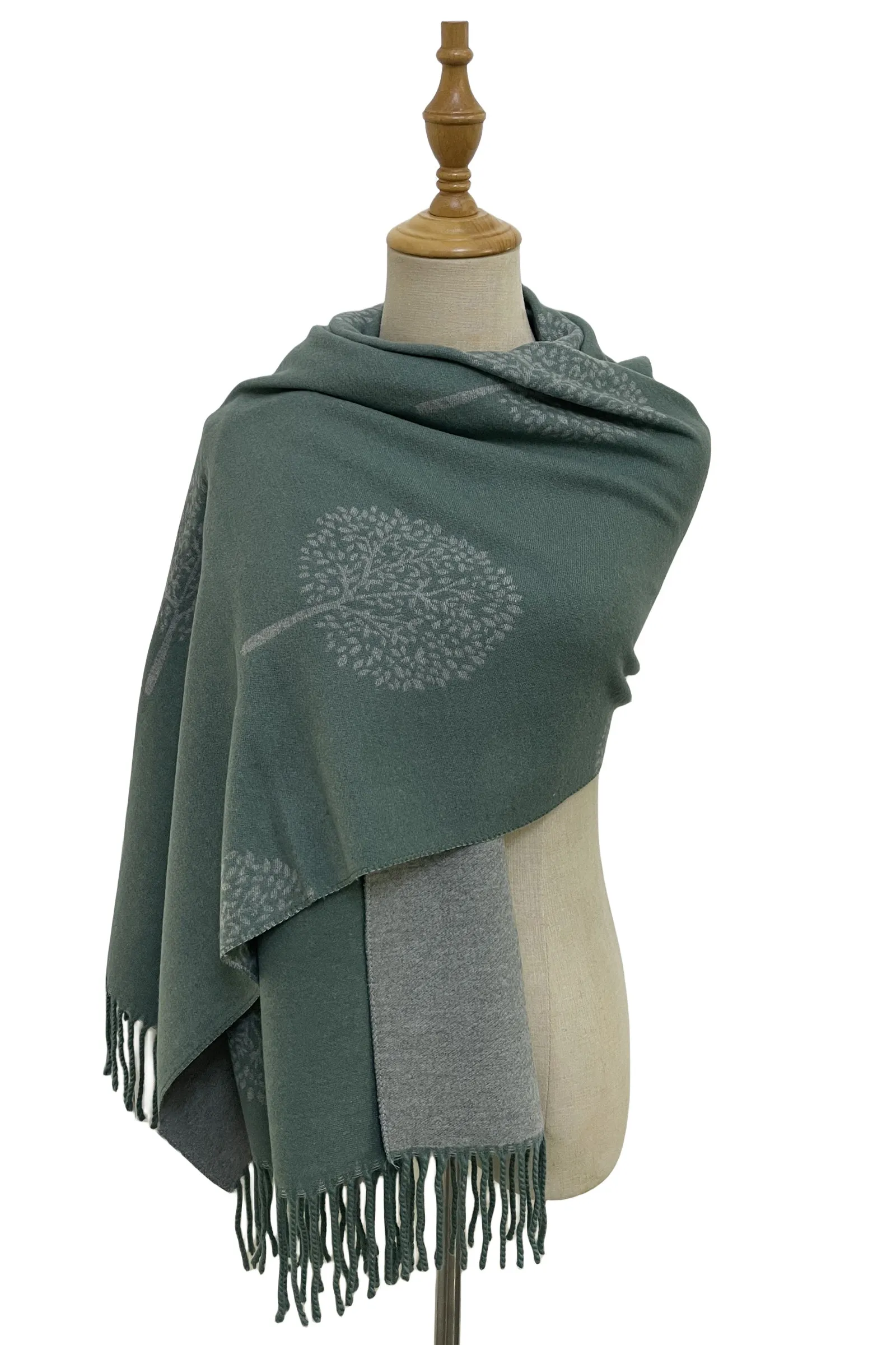 Tree Print Reversible Cotton Tassel Scarf