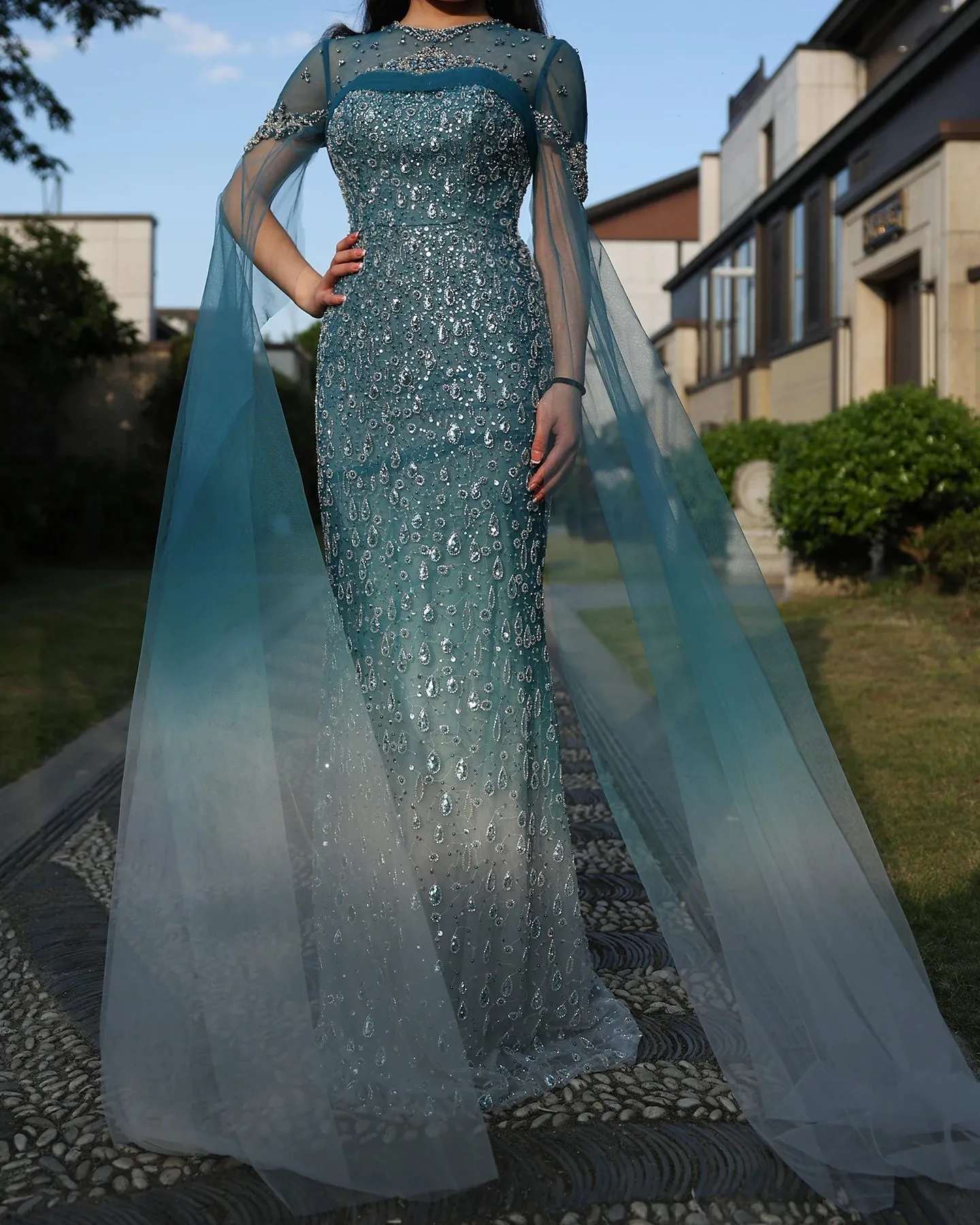 Turquoise Crystal Mermaid Evening Gown with Cape Sleeves