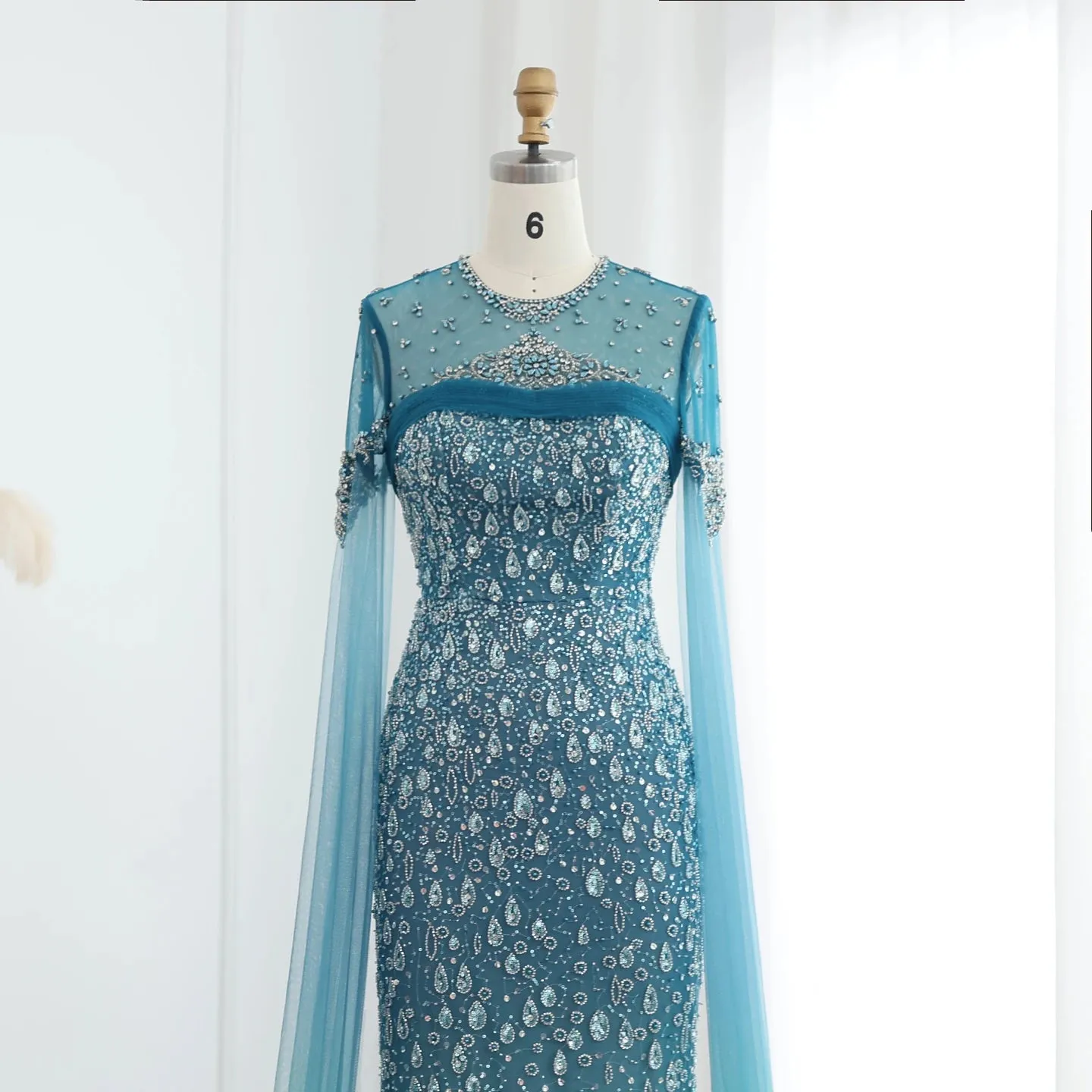 Turquoise Crystal Mermaid Evening Gown with Cape Sleeves