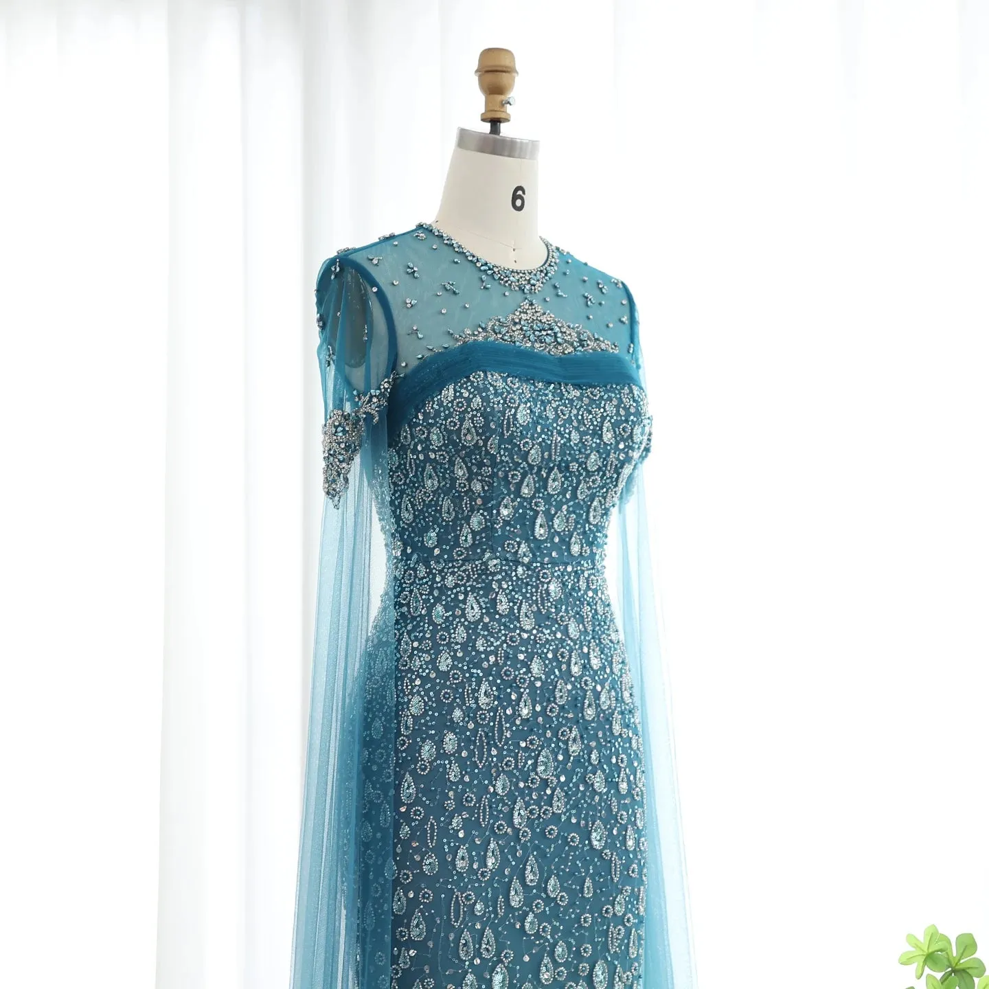 Turquoise Crystal Mermaid Evening Gown with Cape Sleeves