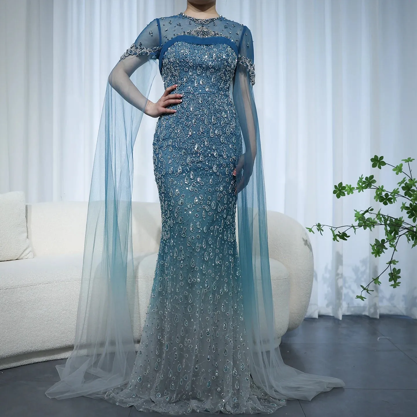 Turquoise Crystal Mermaid Evening Gown with Cape Sleeves