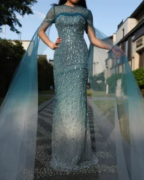 Turquoise Crystal Mermaid Evening Gown with Cape Sleeves