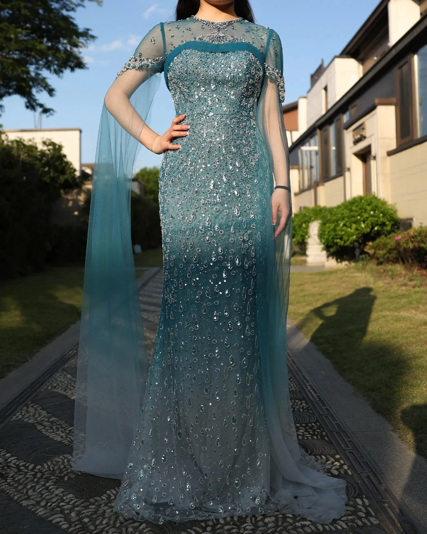 Turquoise Crystal Mermaid Evening Gown with Cape Sleeves