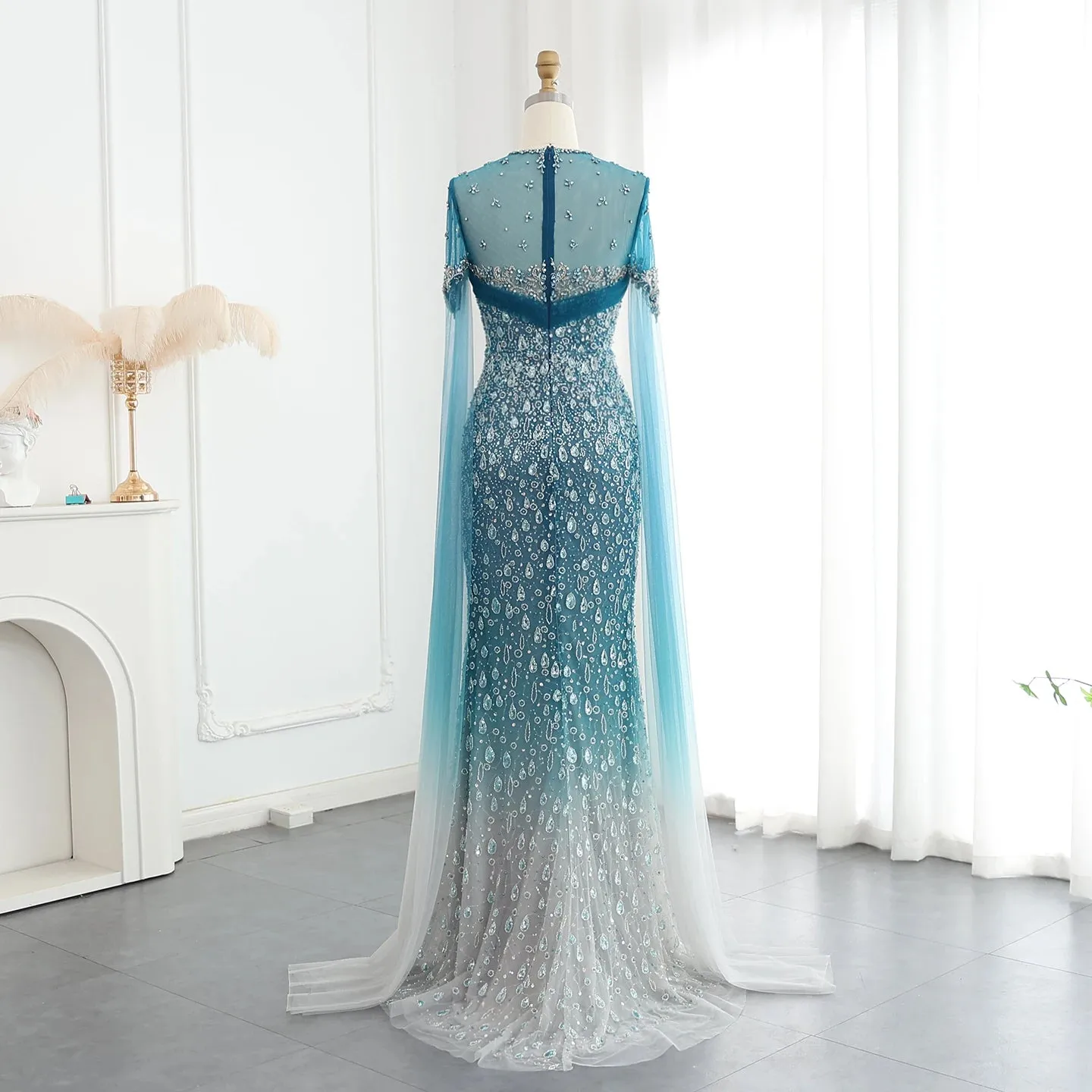 Turquoise Crystal Mermaid Evening Gown with Cape Sleeves
