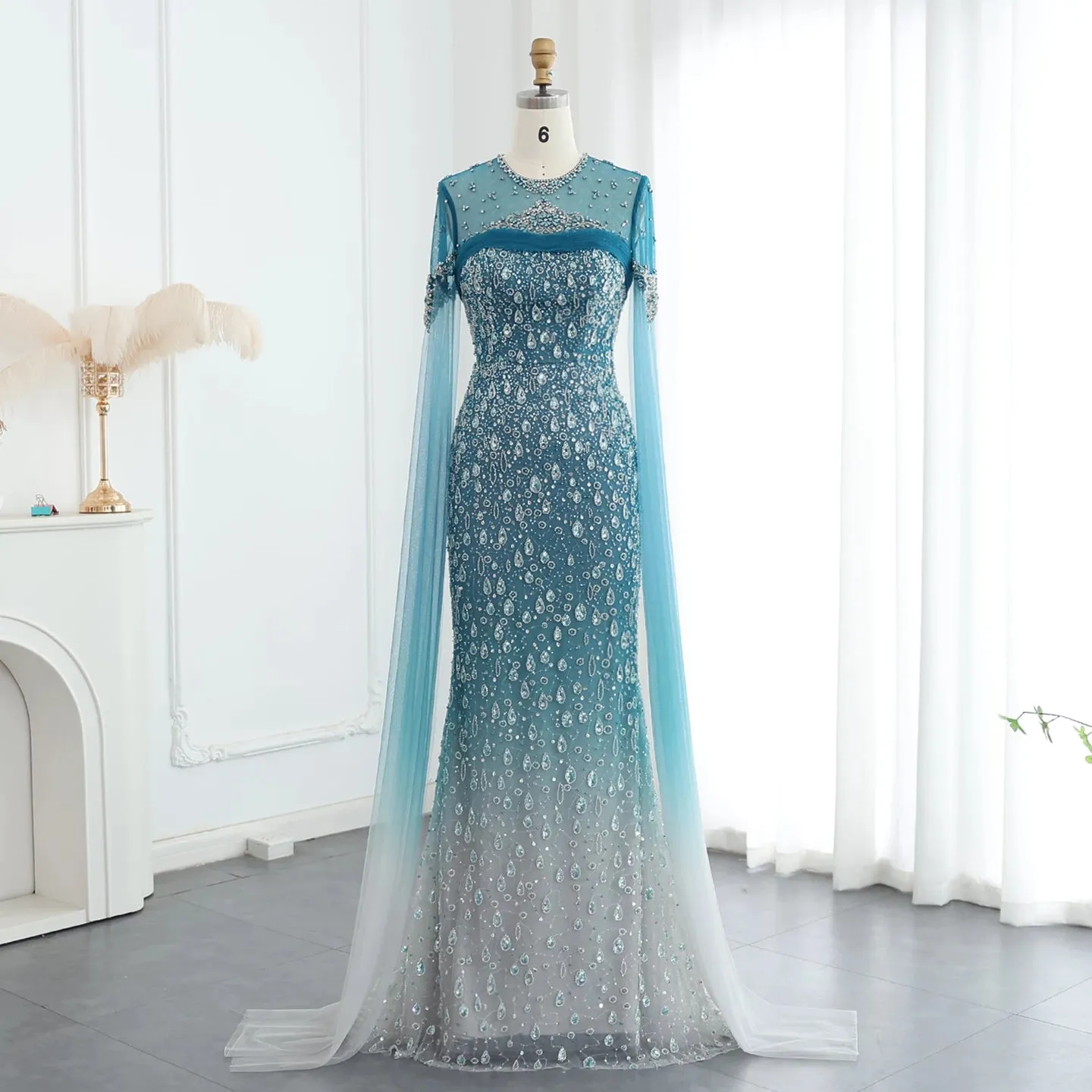 Turquoise Crystal Mermaid Evening Gown with Cape Sleeves