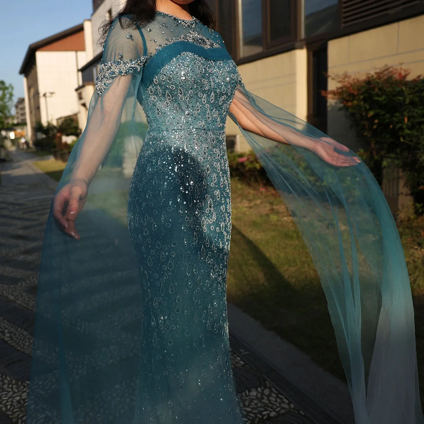 Turquoise Crystal Mermaid Evening Gown with Cape Sleeves