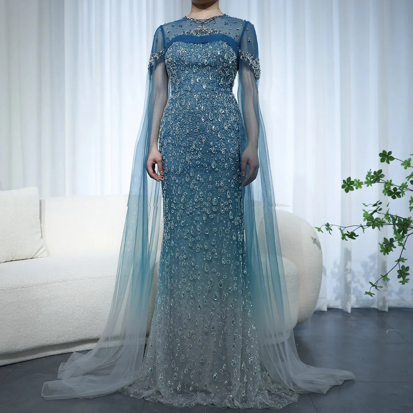 Turquoise Crystal Mermaid Evening Gown with Cape Sleeves