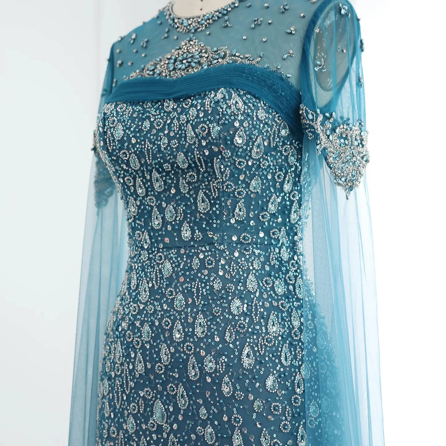 Turquoise Crystal Mermaid Evening Gown with Cape Sleeves