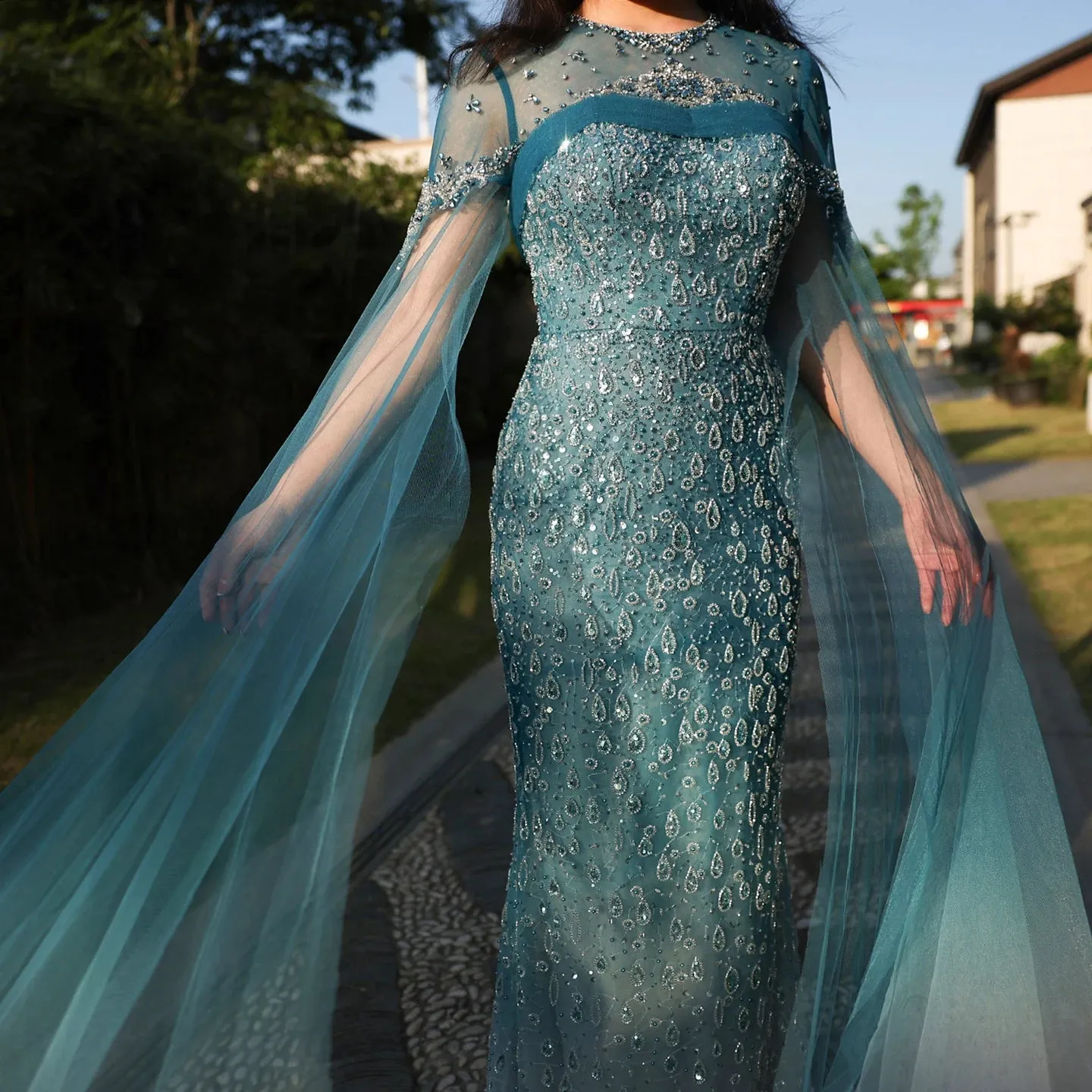 Turquoise Crystal Mermaid Evening Gown with Cape Sleeves