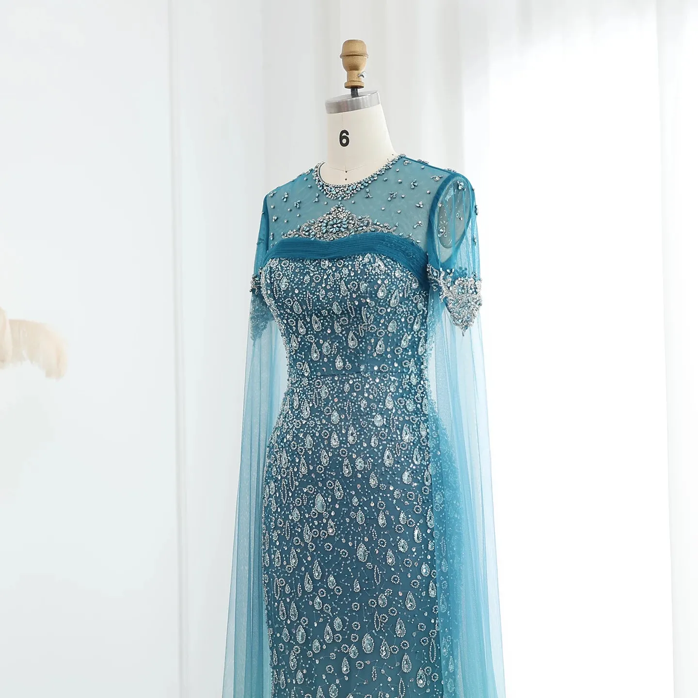 Turquoise Crystal Mermaid Evening Gown with Cape Sleeves