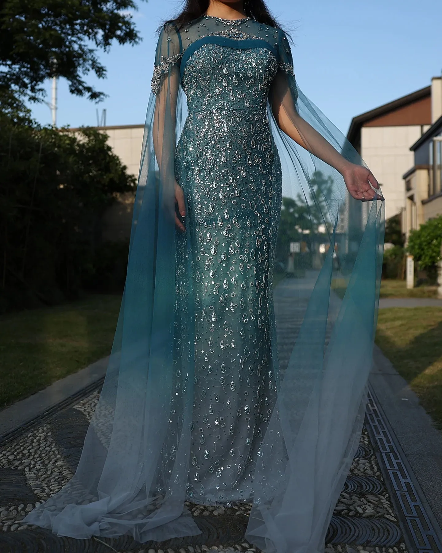 Turquoise Crystal Mermaid Evening Gown with Cape Sleeves