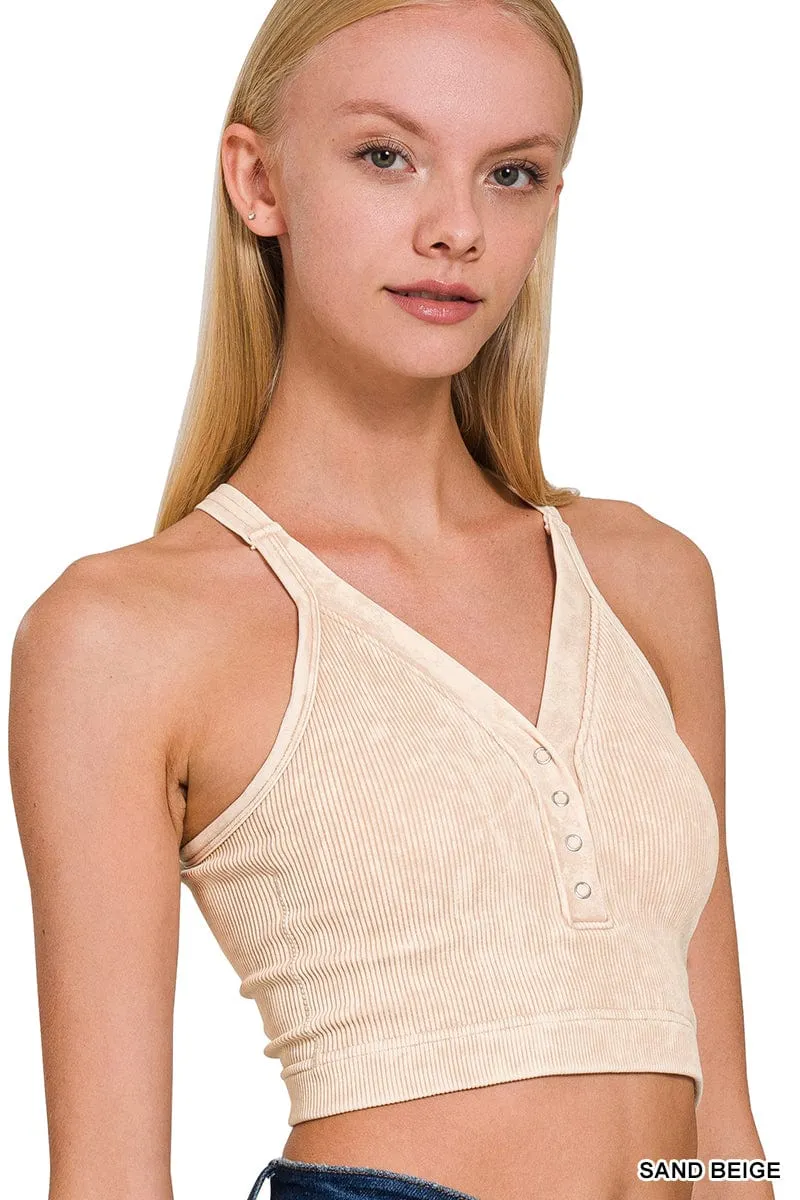 WASHED RIBBED CROPPED BUTTON V-NECK TANK TOP