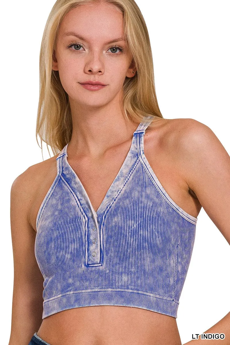 WASHED RIBBED CROPPED BUTTON V-NECK TANK TOP