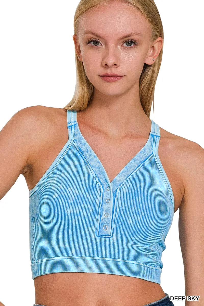 WASHED RIBBED CROPPED BUTTON V-NECK TANK TOP