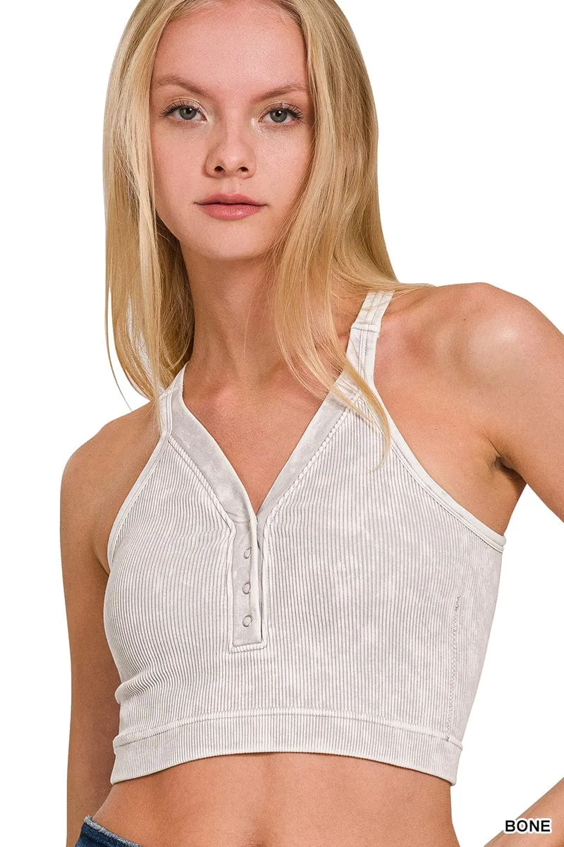 WASHED RIBBED CROPPED BUTTON V-NECK TANK TOP