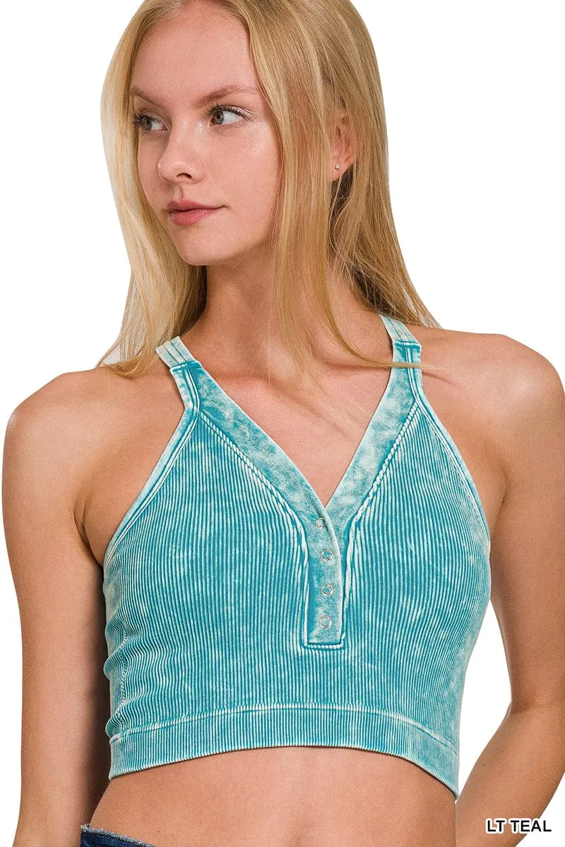 WASHED RIBBED CROPPED BUTTON V-NECK TANK TOP