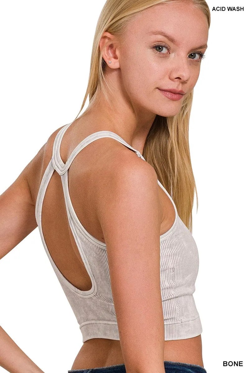 WASHED RIBBED CROPPED BUTTON V-NECK TANK TOP