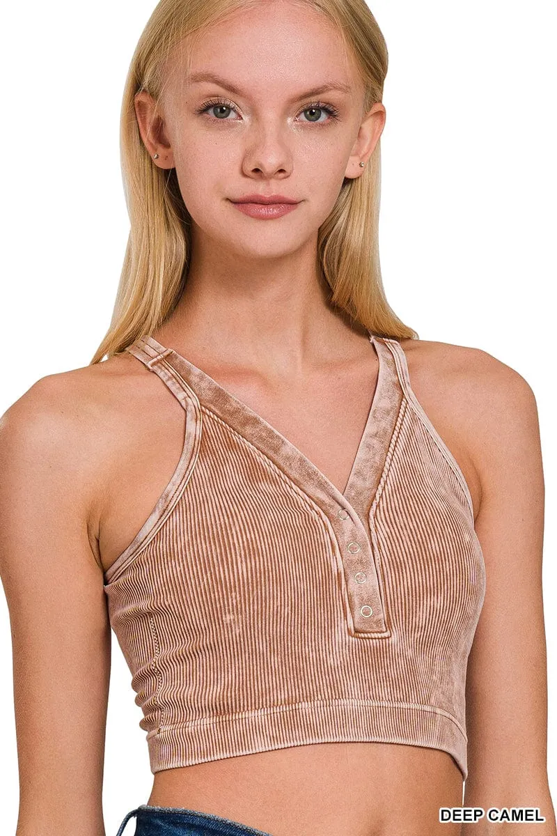 WASHED RIBBED CROPPED BUTTON V-NECK TANK TOP