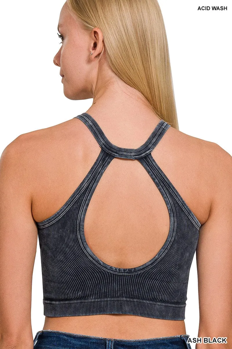WASHED RIBBED CROPPED BUTTON V-NECK TANK TOP