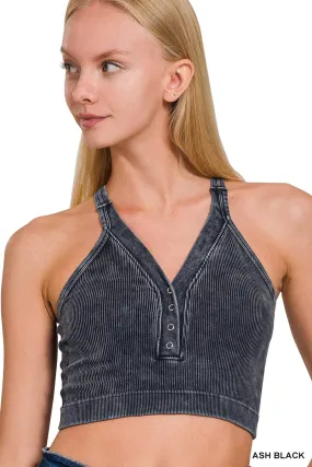 WASHED RIBBED CROPPED BUTTON V-NECK TANK TOP