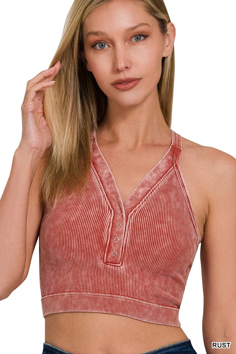 WASHED RIBBED CROPPED BUTTON V-NECK TANK TOP